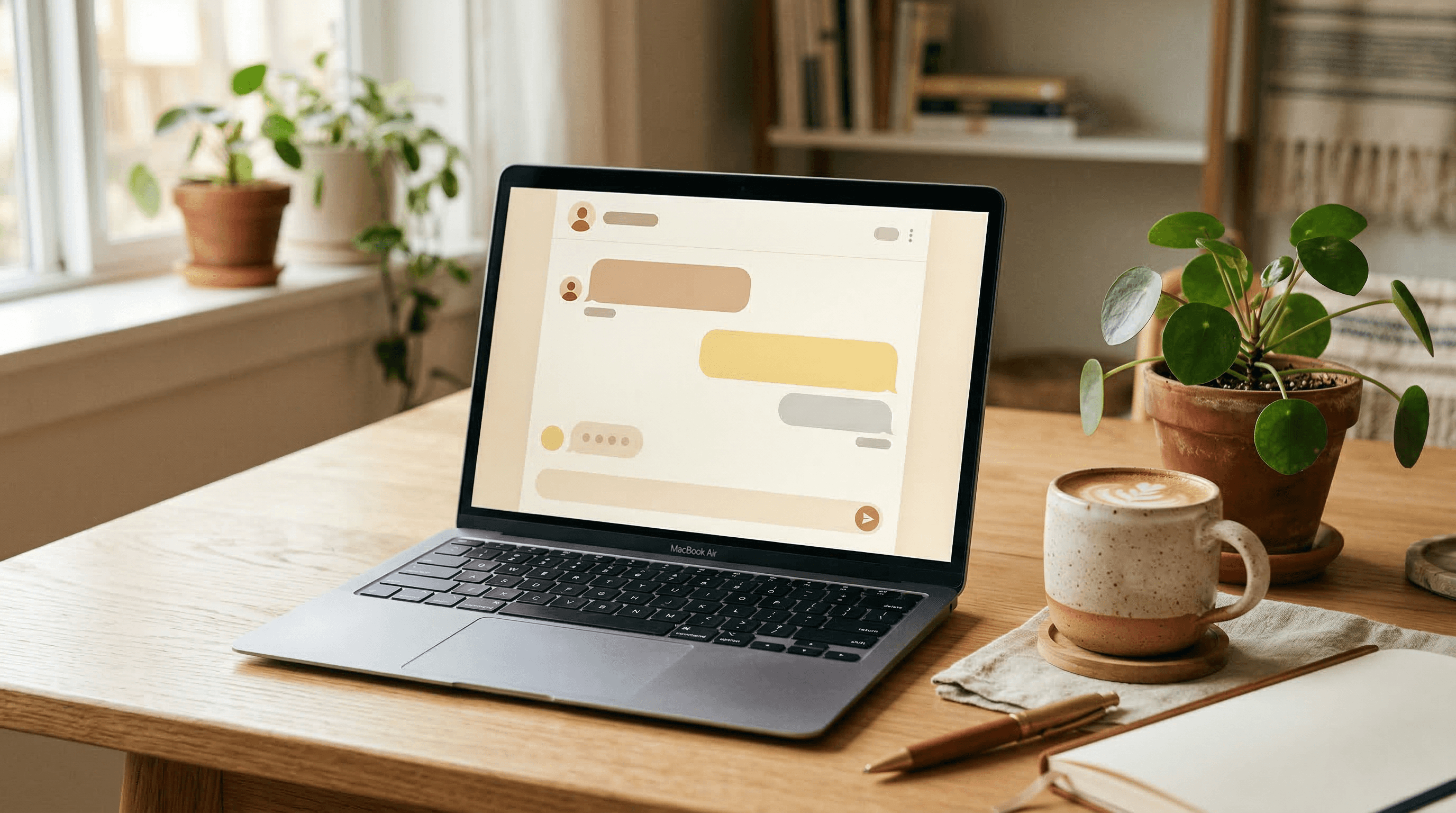 A laptop on a clean desk showing a chat interface with message bubbles, with a coffee cup and small plant beside it