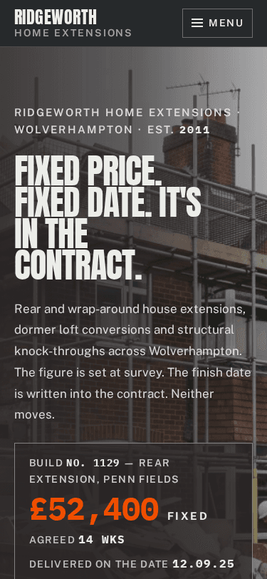Ridgeworth Home Extensions home page on a phone