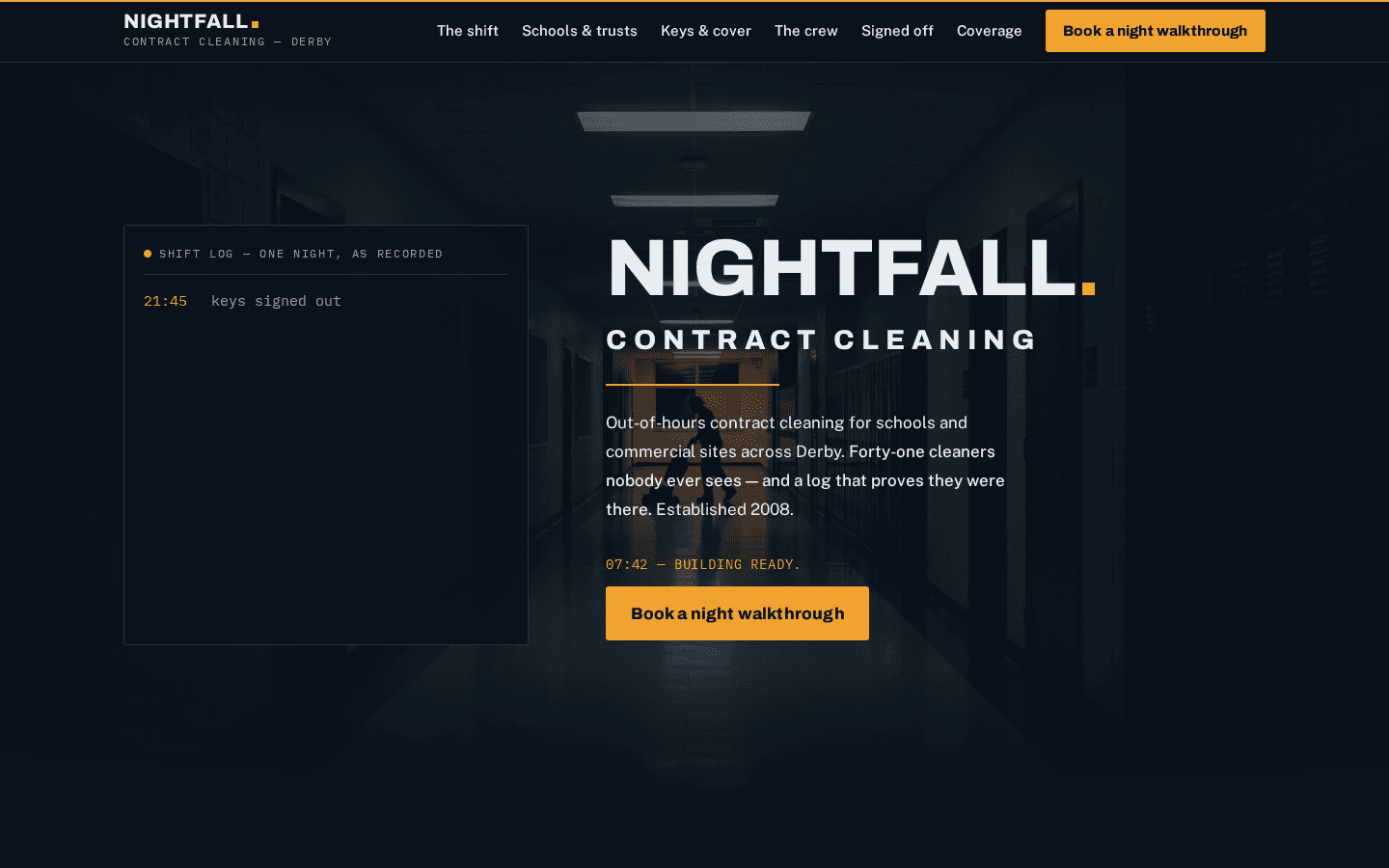 Nightfall Contract Cleaning home page on a desktop screen