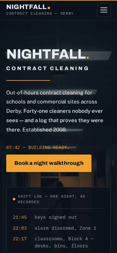 Nightfall Contract Cleaning home page on a phone