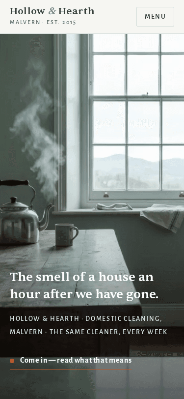 Hollow & Hearth home page on a phone