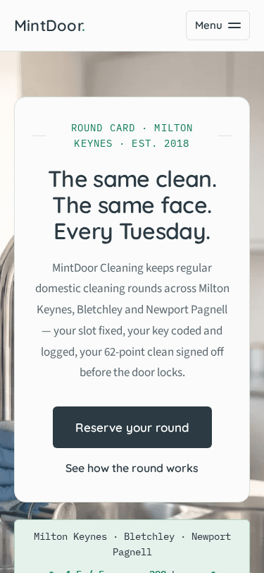 MintDoor Cleaning home page on a phone