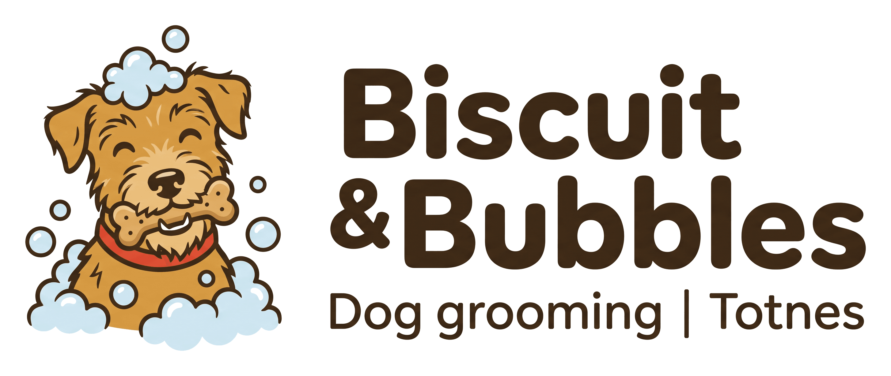 Biscuit & Bubbles logo on its header colour. It reads: Biscuit & Bubbles Dog grooming | Totnes.