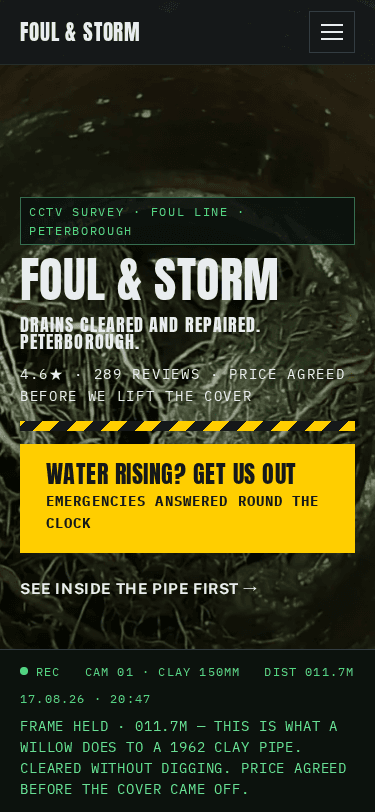 Foul & Storm home page on a phone