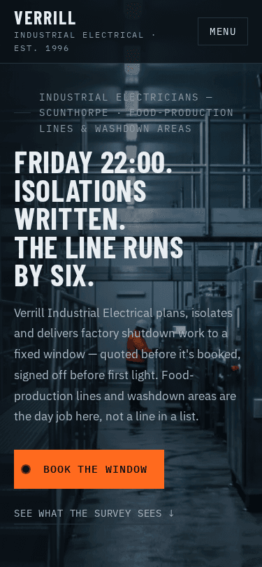 Verrill Industrial Electrical home page on a phone