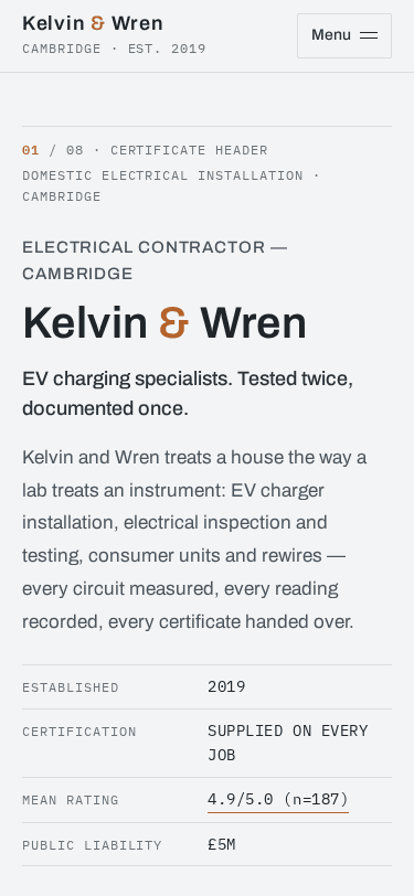 Kelvin & Wren home page on a phone