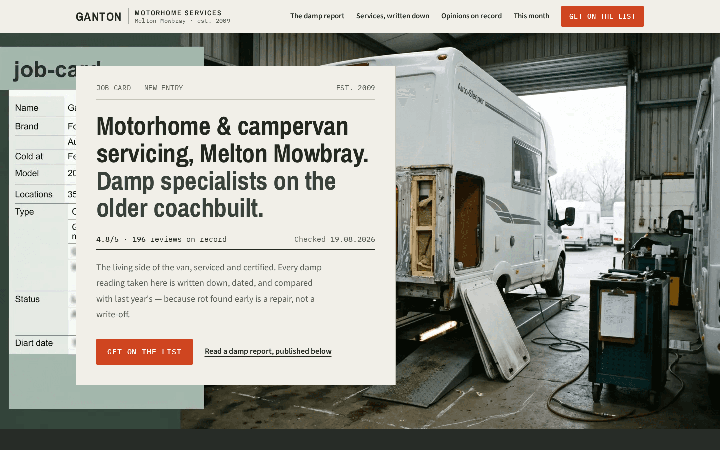 Ganton Motorhome Services home page on a desktop screen