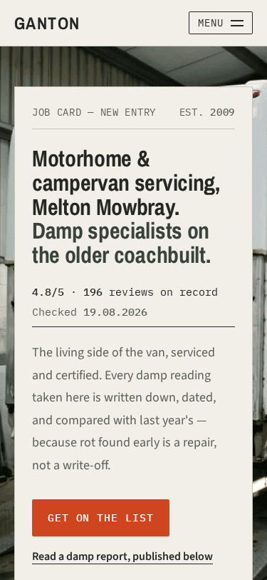 Ganton Motorhome Services home page on a phone