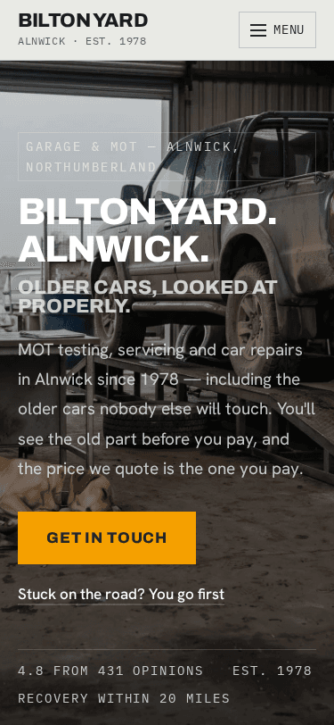 Bilton Yard home page on a phone