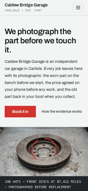 Caldew Bridge Garage home page on a phone