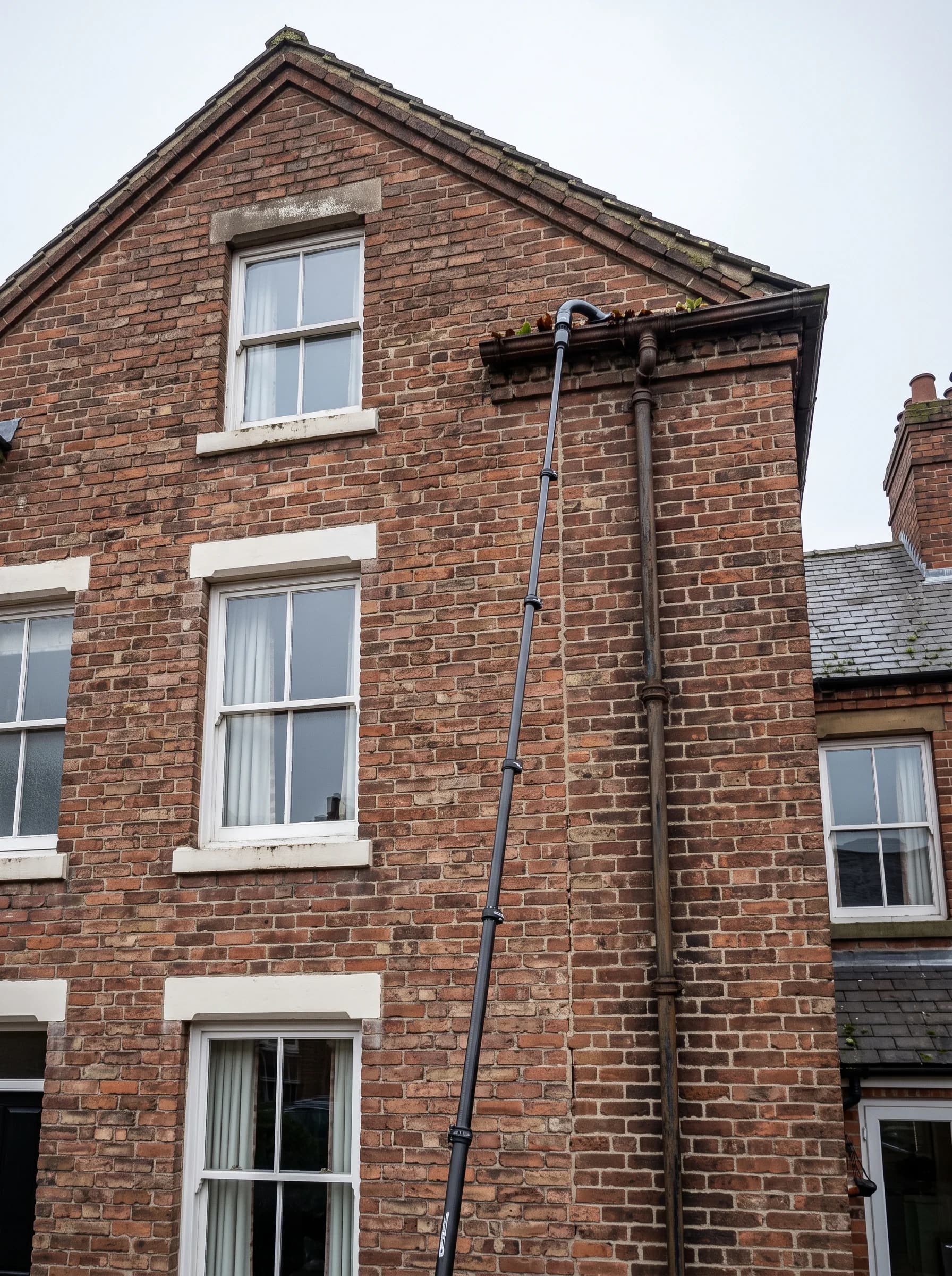 A three-storey Victorian brick gable in Chesterfield under an overcast sky, a vacuum pole reaching up towards the cast-iron gutter