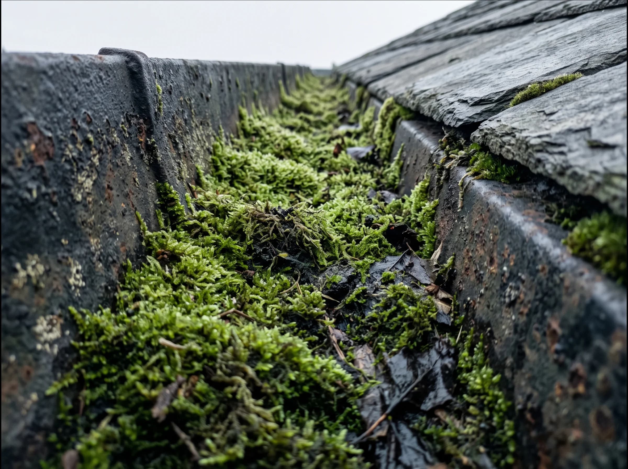 Pole-camera view along a cast-iron gutter choked with moss and standing water, before clearing