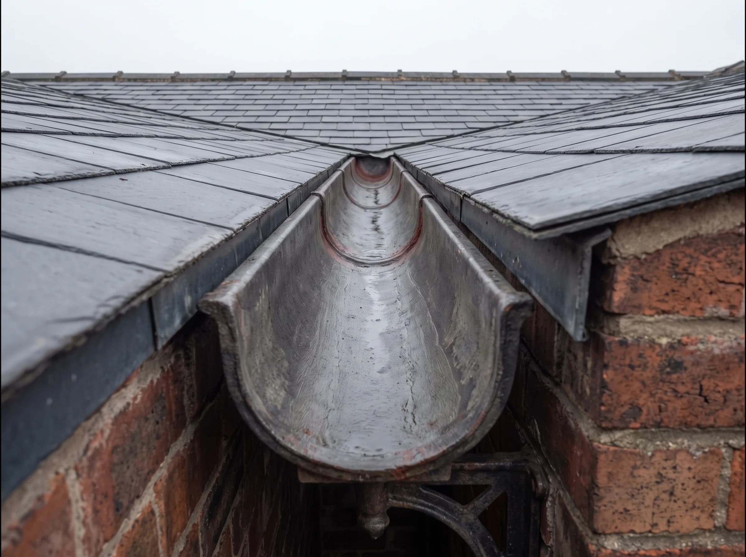 The same gutter run cleared to a clean, dry channel after vacuum clearing