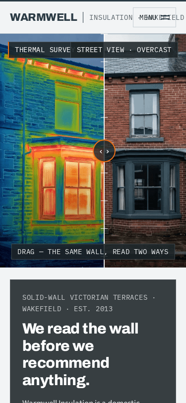 Warmwell Insulation home page on a phone