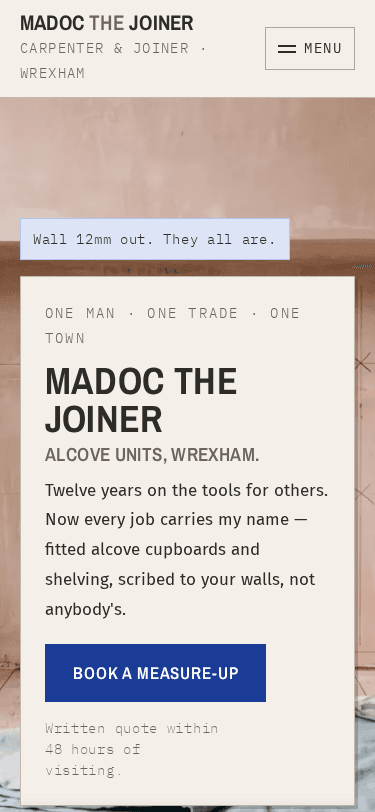 Madoc the Joiner home page on a phone
