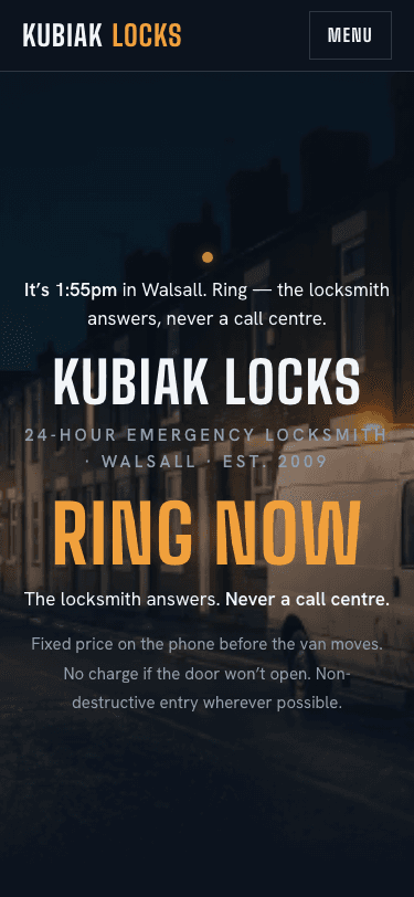 Kubiak Locks home page on a phone