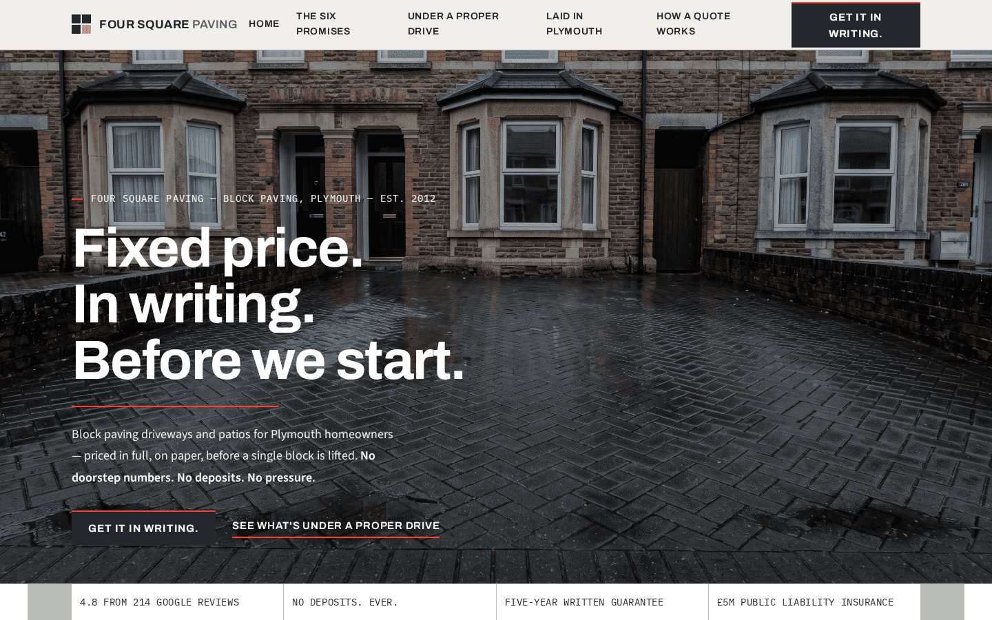 Four Square Paving home page on a desktop screen
