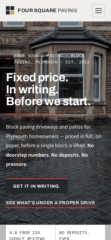 Four Square Paving home page on a phone
