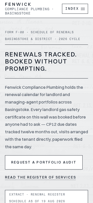 Fenwick Compliance Plumbing home page on a phone