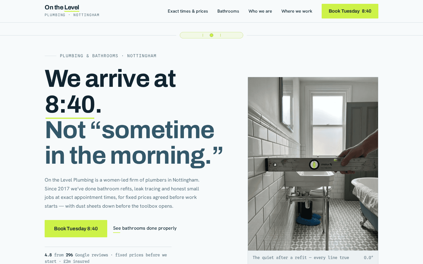 On the Level Plumbing home page on a desktop screen
