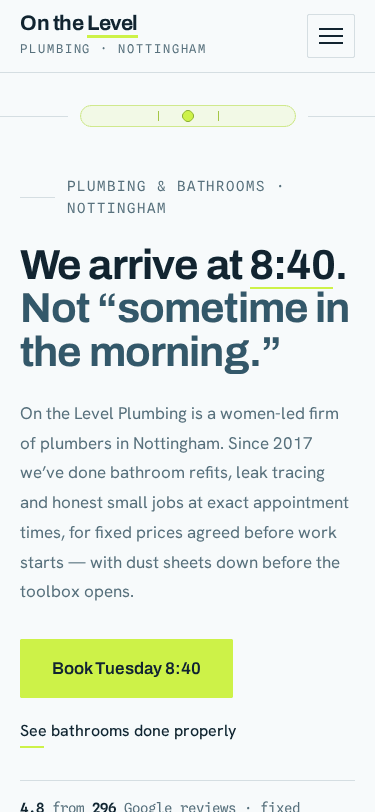 On the Level Plumbing home page on a phone