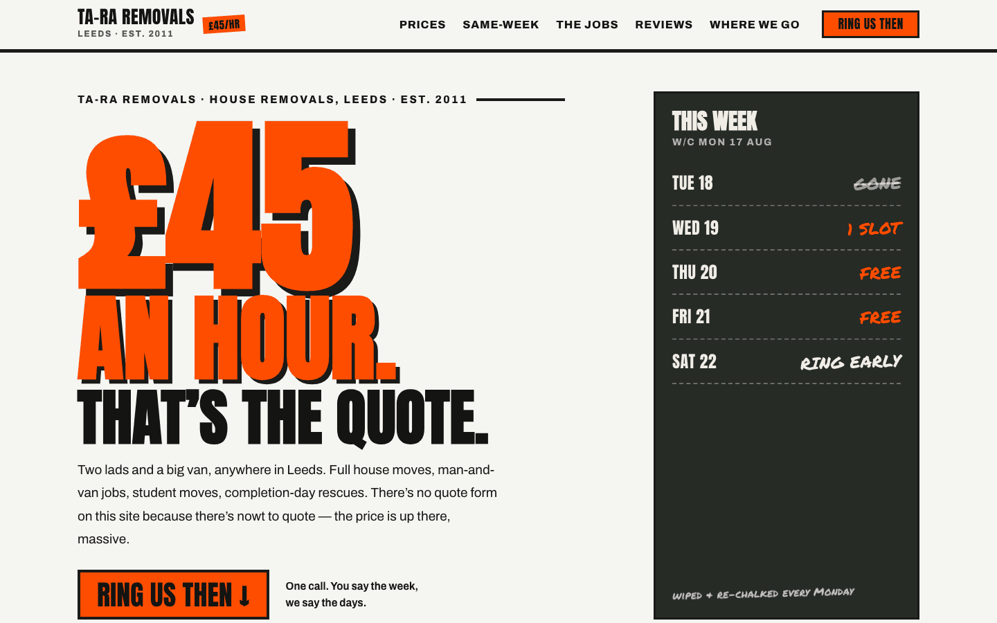 Ta-Ra Removals home page on a desktop screen