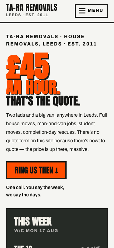 Ta-Ra Removals home page on a phone