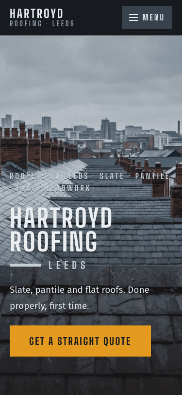 Hartroyd Roofing home page on a phone
