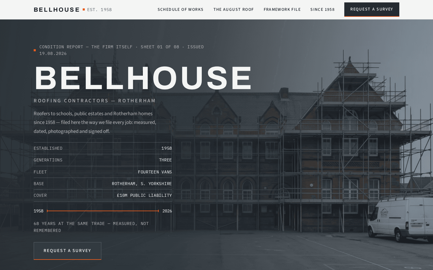 Bellhouse Roofing Contractors home page on a desktop screen