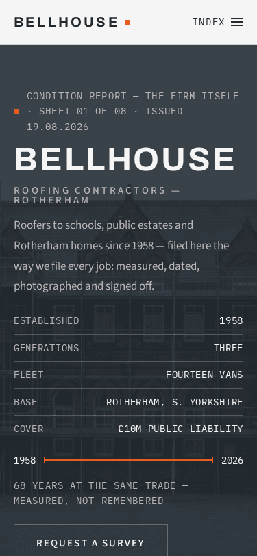 Bellhouse Roofing Contractors home page on a phone