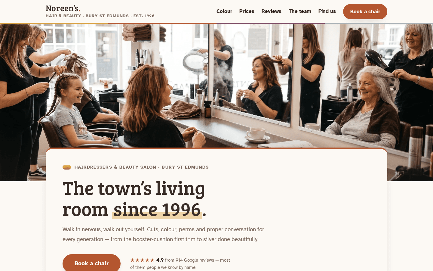 Noreen’s Hair & Beauty home page on a desktop screen