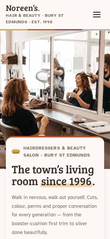Noreen’s Hair & Beauty home page on a phone