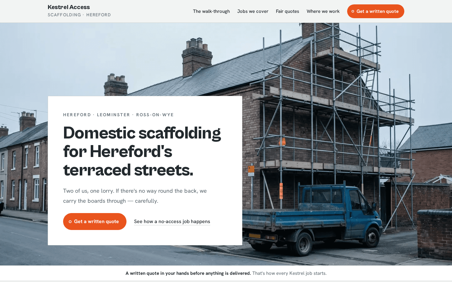 Kestrel Access Scaffolding home page on a desktop screen