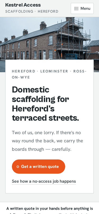 Kestrel Access Scaffolding home page on a phone