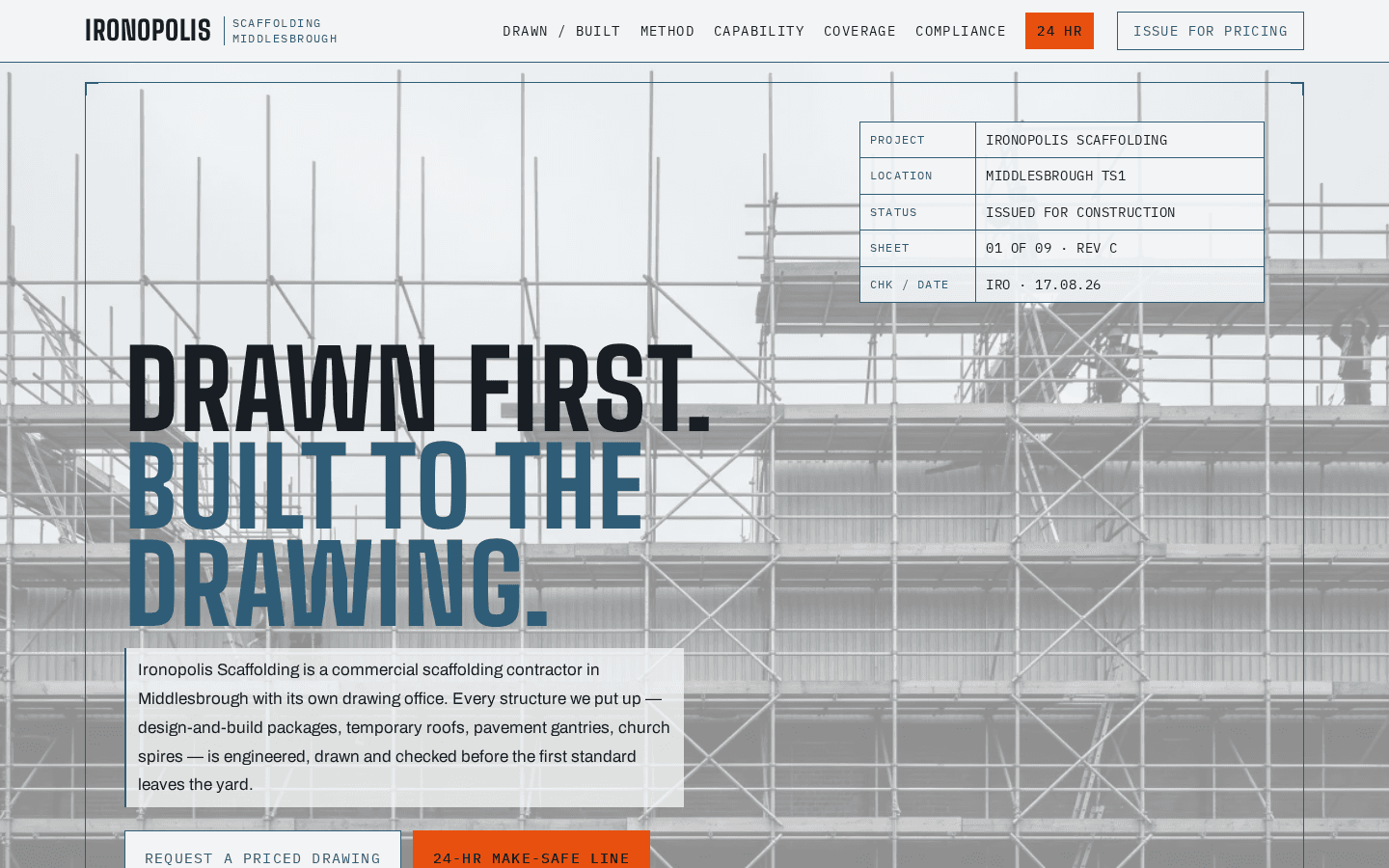 Ironopolis Scaffolding home page on a desktop screen