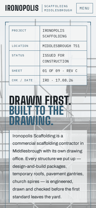 Ironopolis Scaffolding home page on a phone