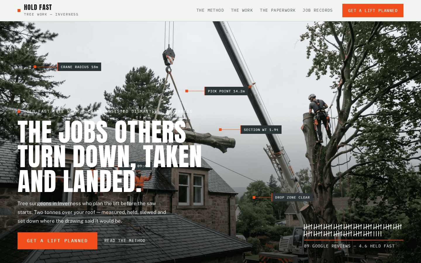Hold Fast Tree Work home page on a desktop screen