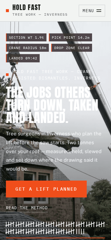 Hold Fast Tree Work home page on a phone