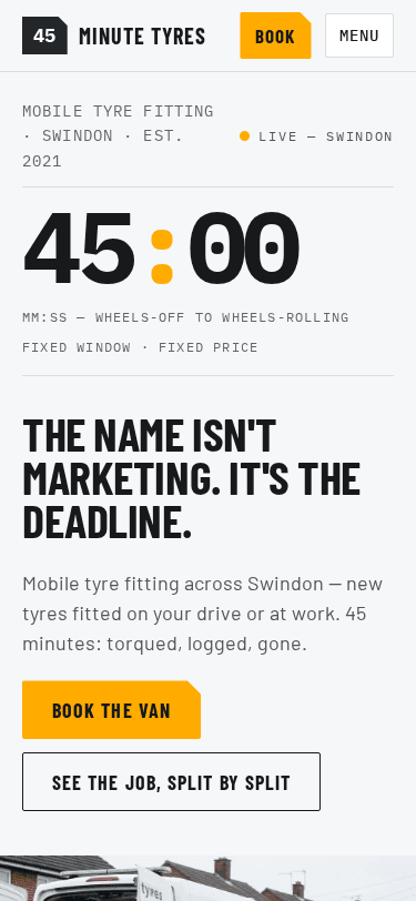 45 Minute Tyres home page on a phone