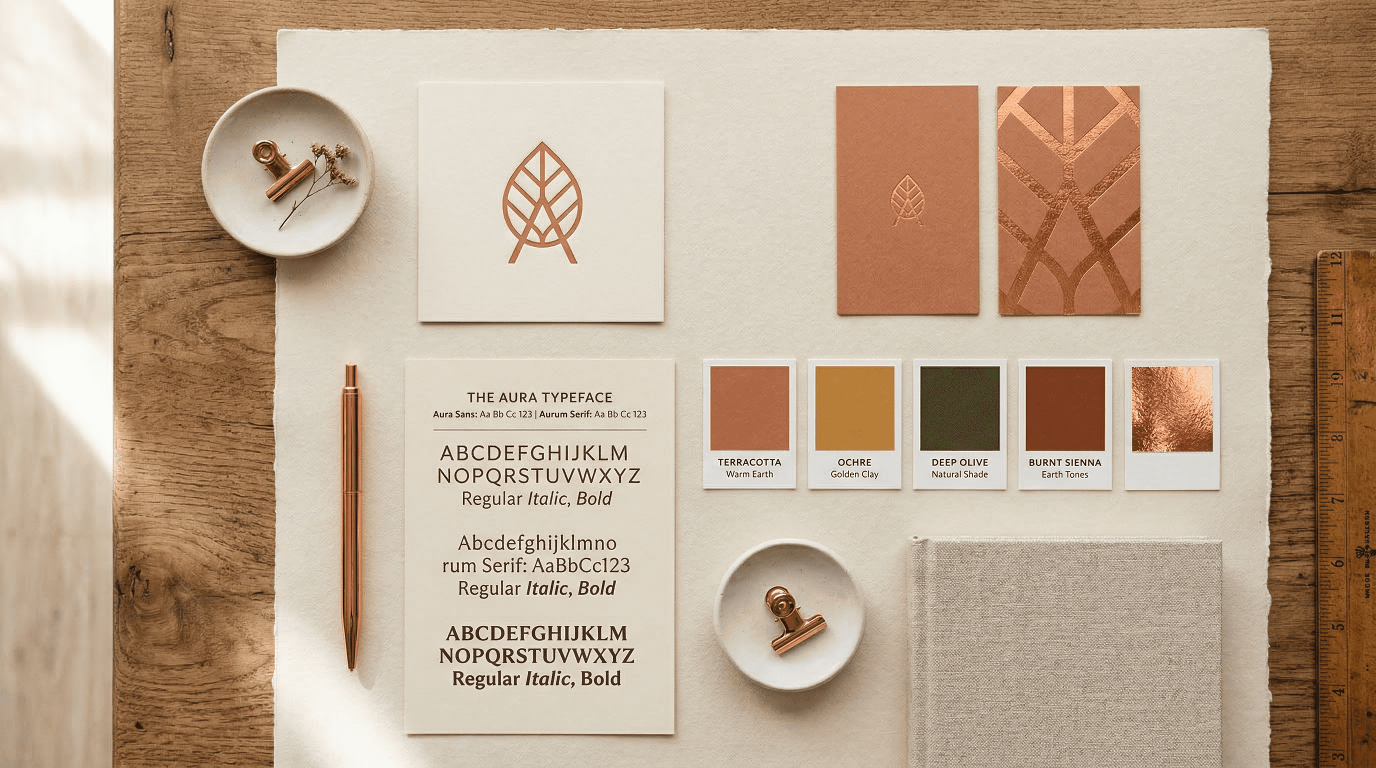 An overhead view of a brand identity presentation on warm cream paper showing a logo mark, typography specimen, and colour swatches