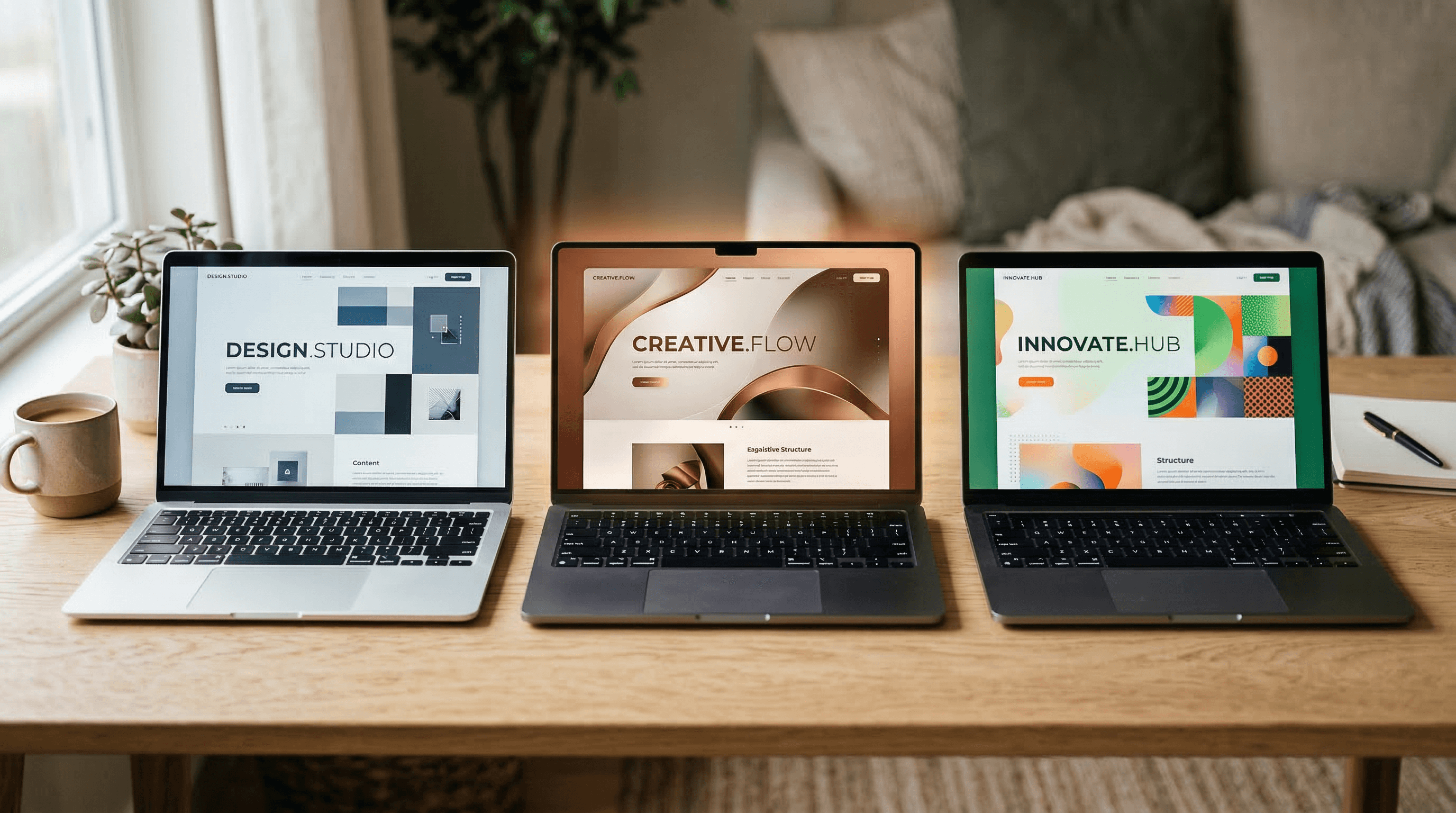 Three laptop screens side by side on a warm cream surface, each displaying a different abstract website layout