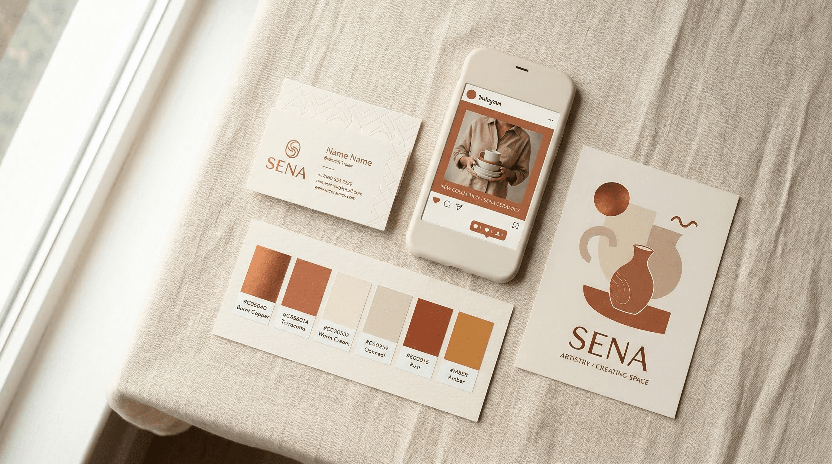 Branded marketing materials — business card, social media post, colour palette, and poster — arranged on cream linen