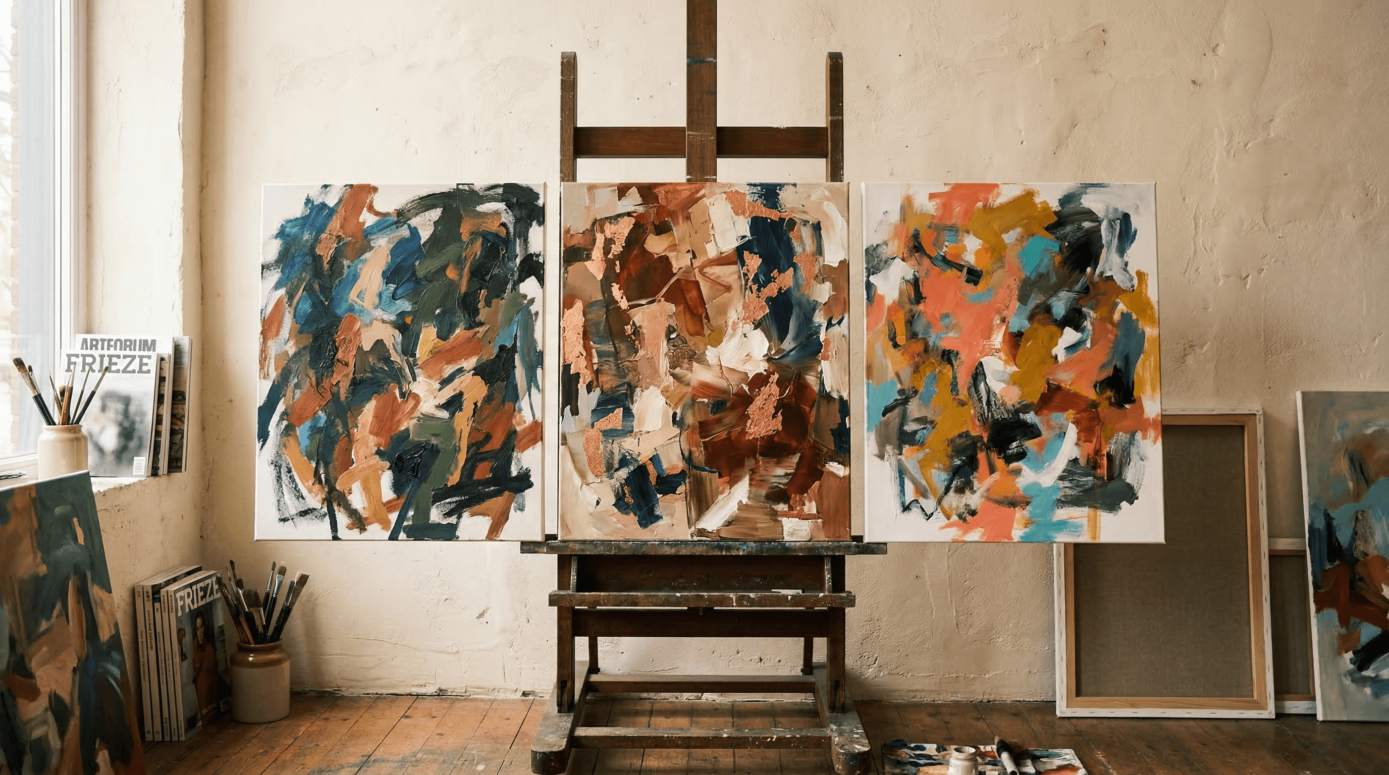 Three canvas frames showing different abstract colour compositions, the middle one with subtle copper accents