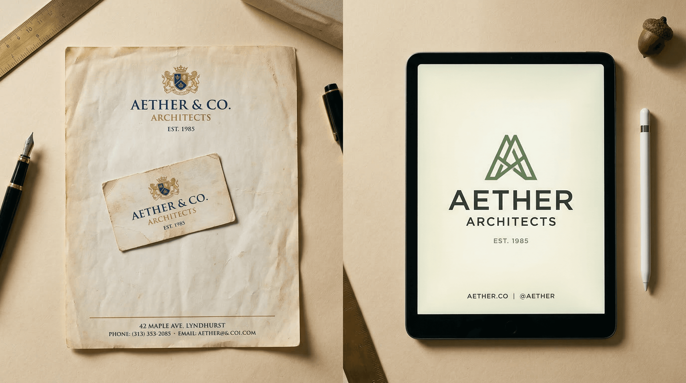 A transformation concept showing an outdated business card beside a clean modern version on a glowing tablet screen