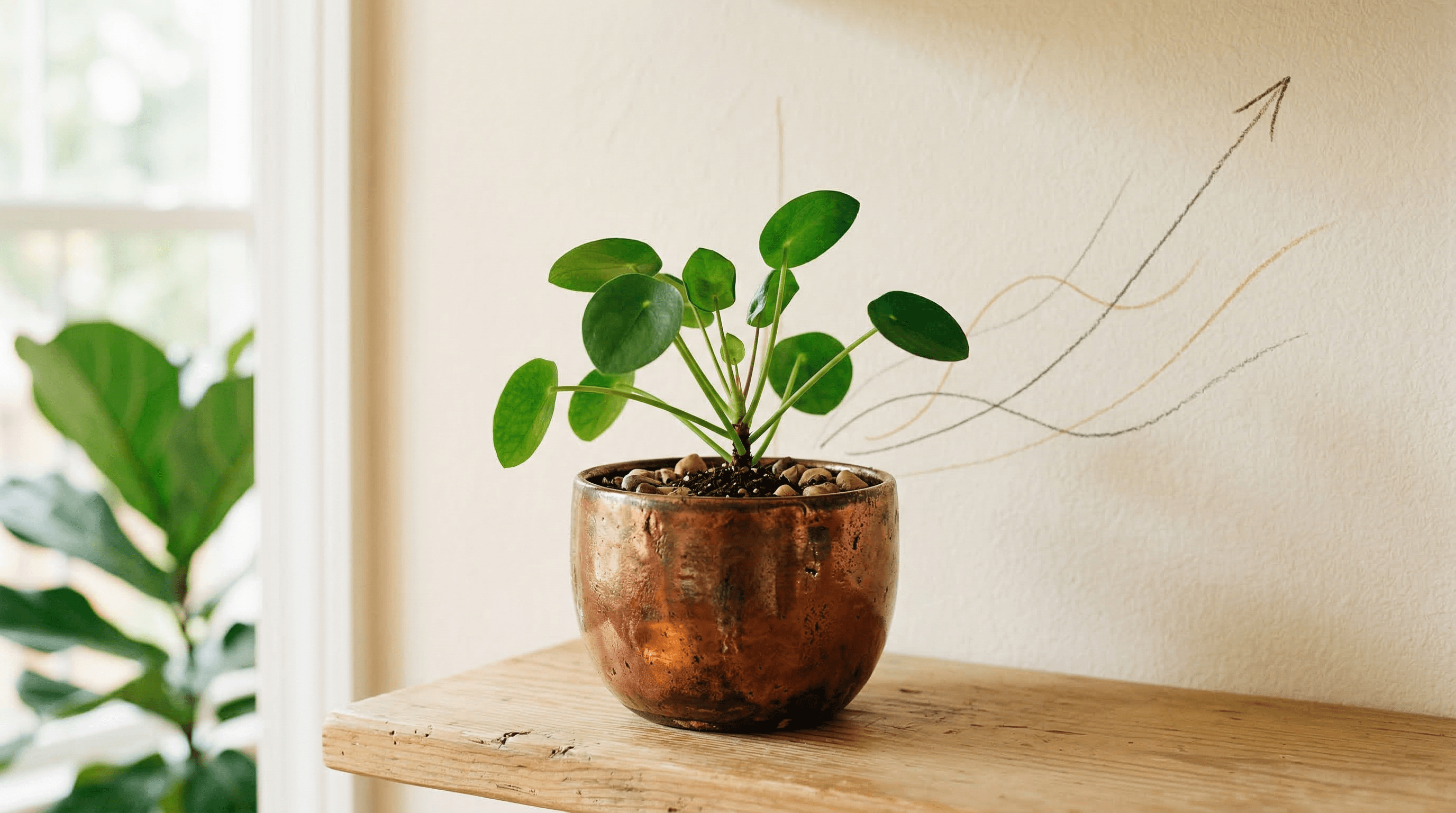 A small plant growing from a warm ceramic pot with burnt copper glaze, with abstract growth graph lines on the cream wall behind
