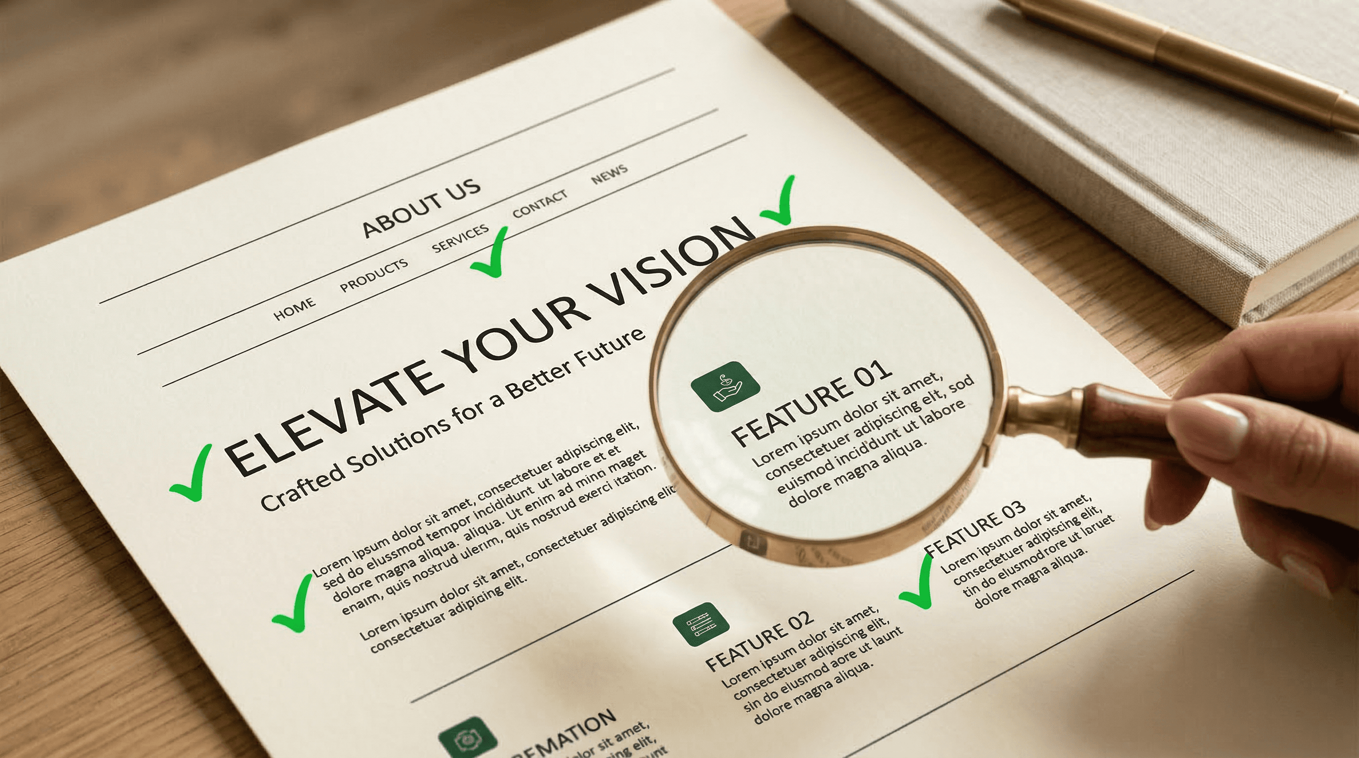 A magnifying glass hovering over a clean webpage layout on warm cream paper with green checkmarks next to various sections