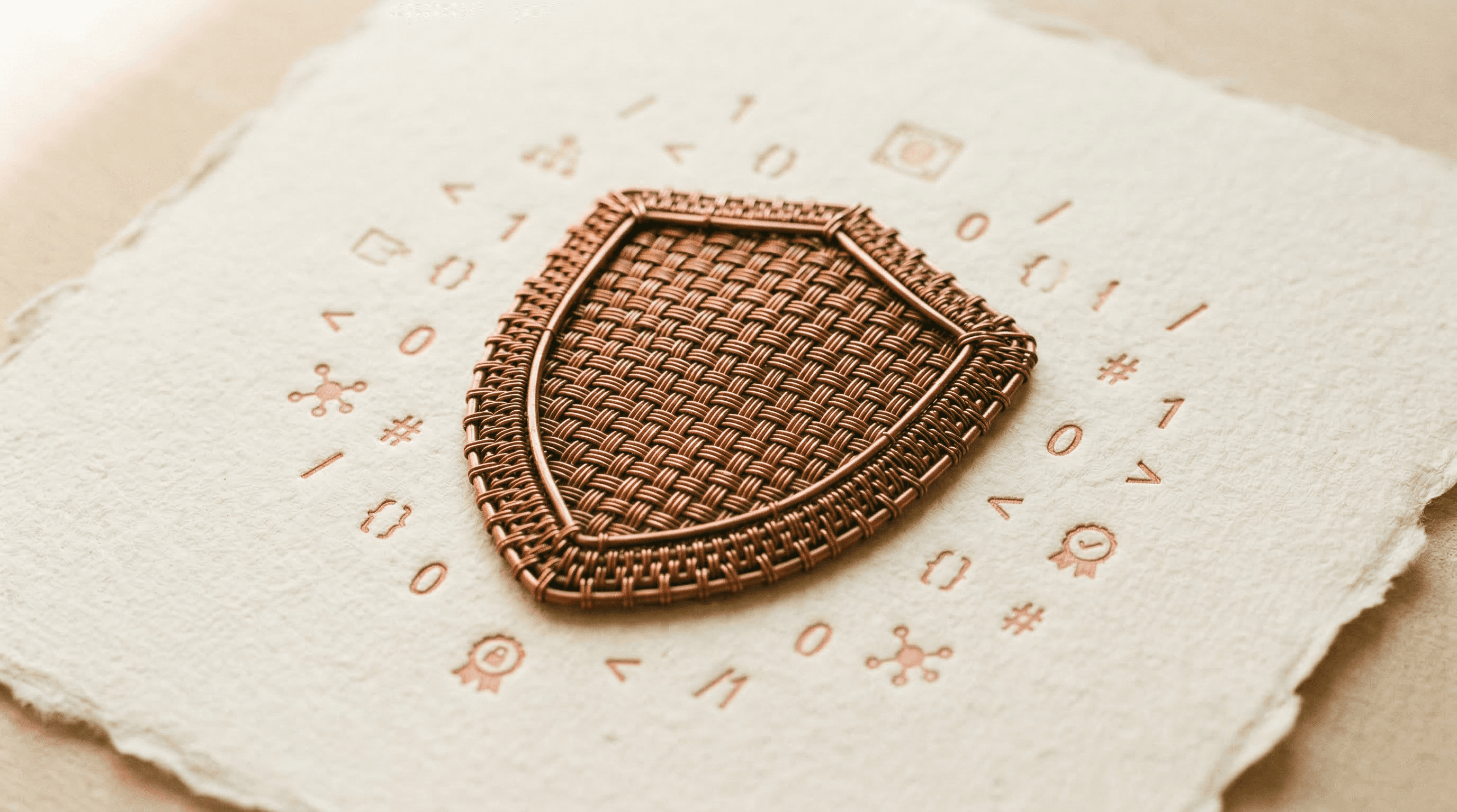 A shield shape made from woven copper wire on cream paper, with small abstract code symbols floating around it