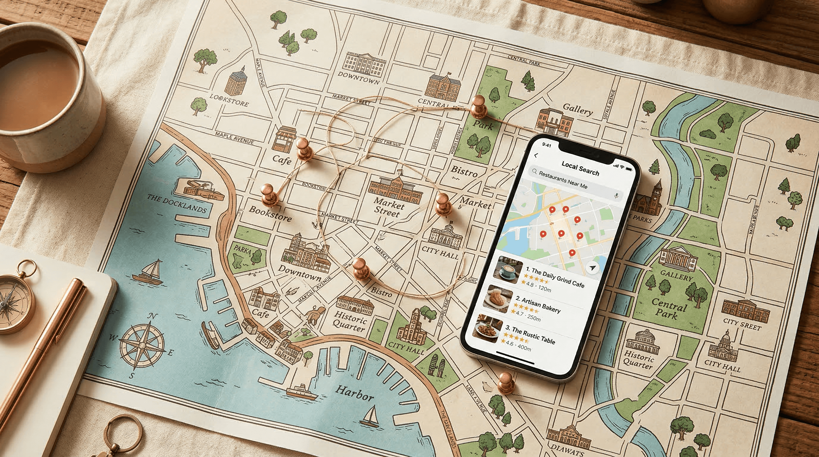 An overhead view of a map on warm cream surface with copper pins marking locations and a phone showing search results