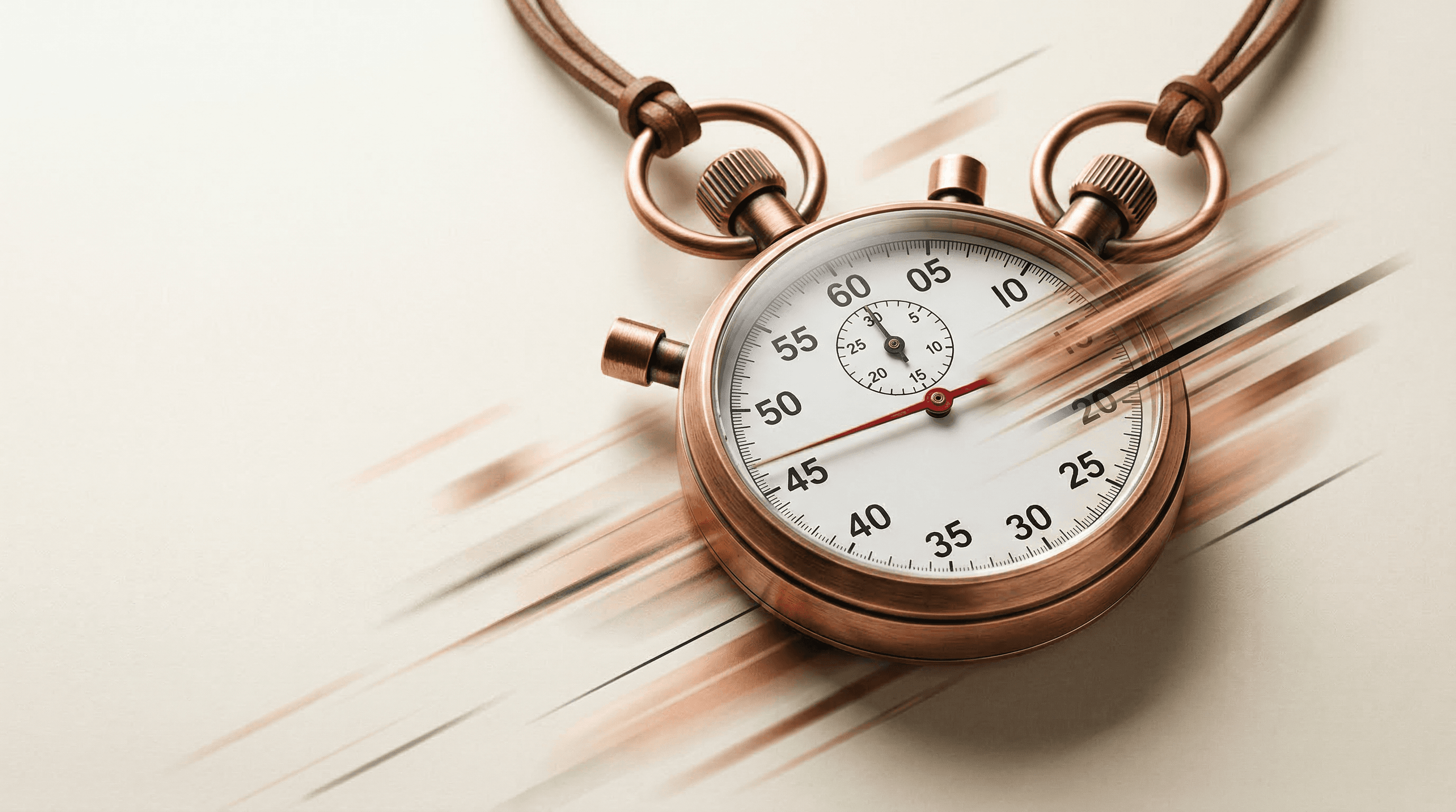 A stopwatch with copper finish on a clean cream surface with abstract speed lines suggesting motion and performance