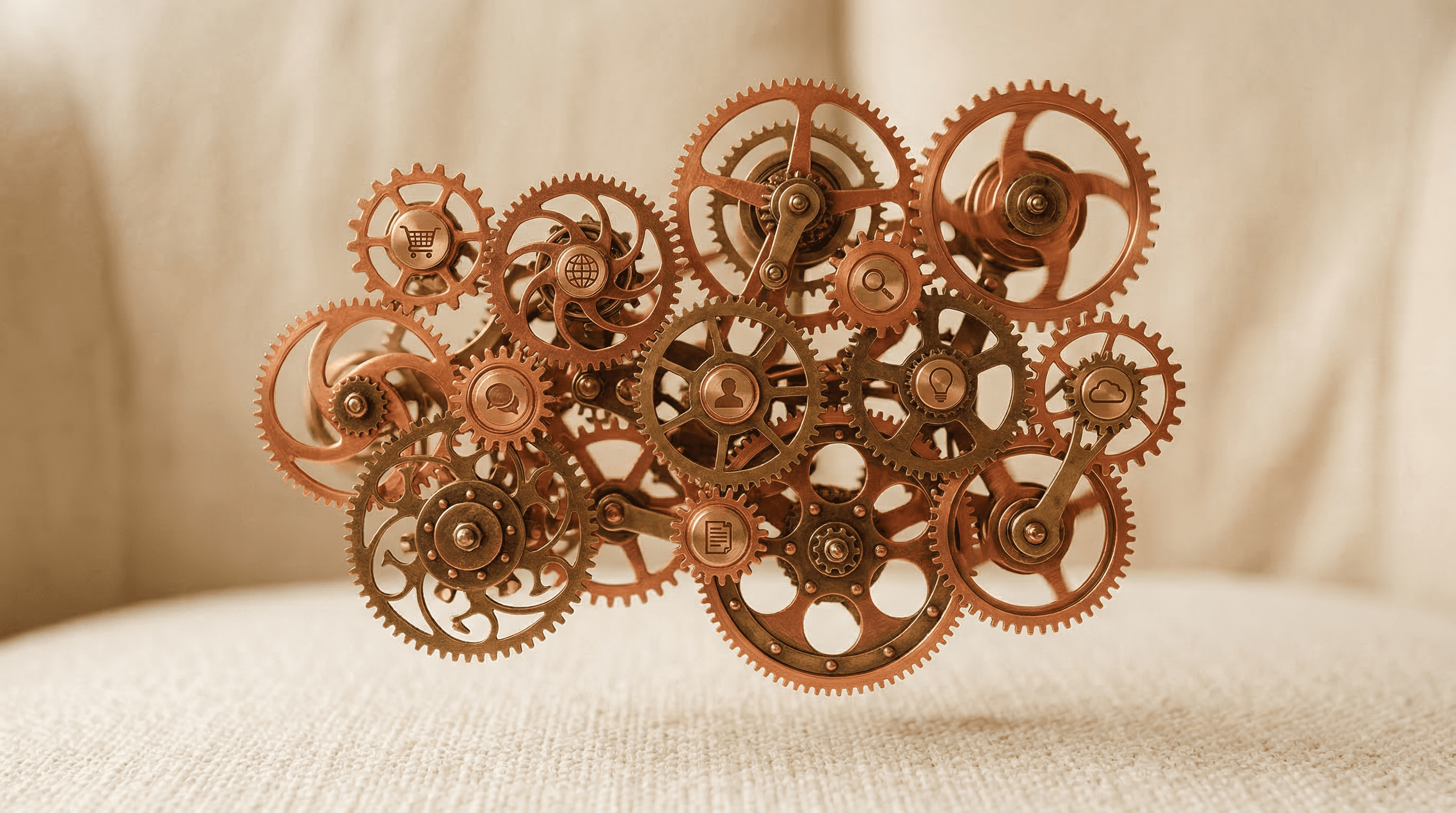 Interconnected copper and brass gears floating above a cream surface, suggesting autonomous mechanical operation
